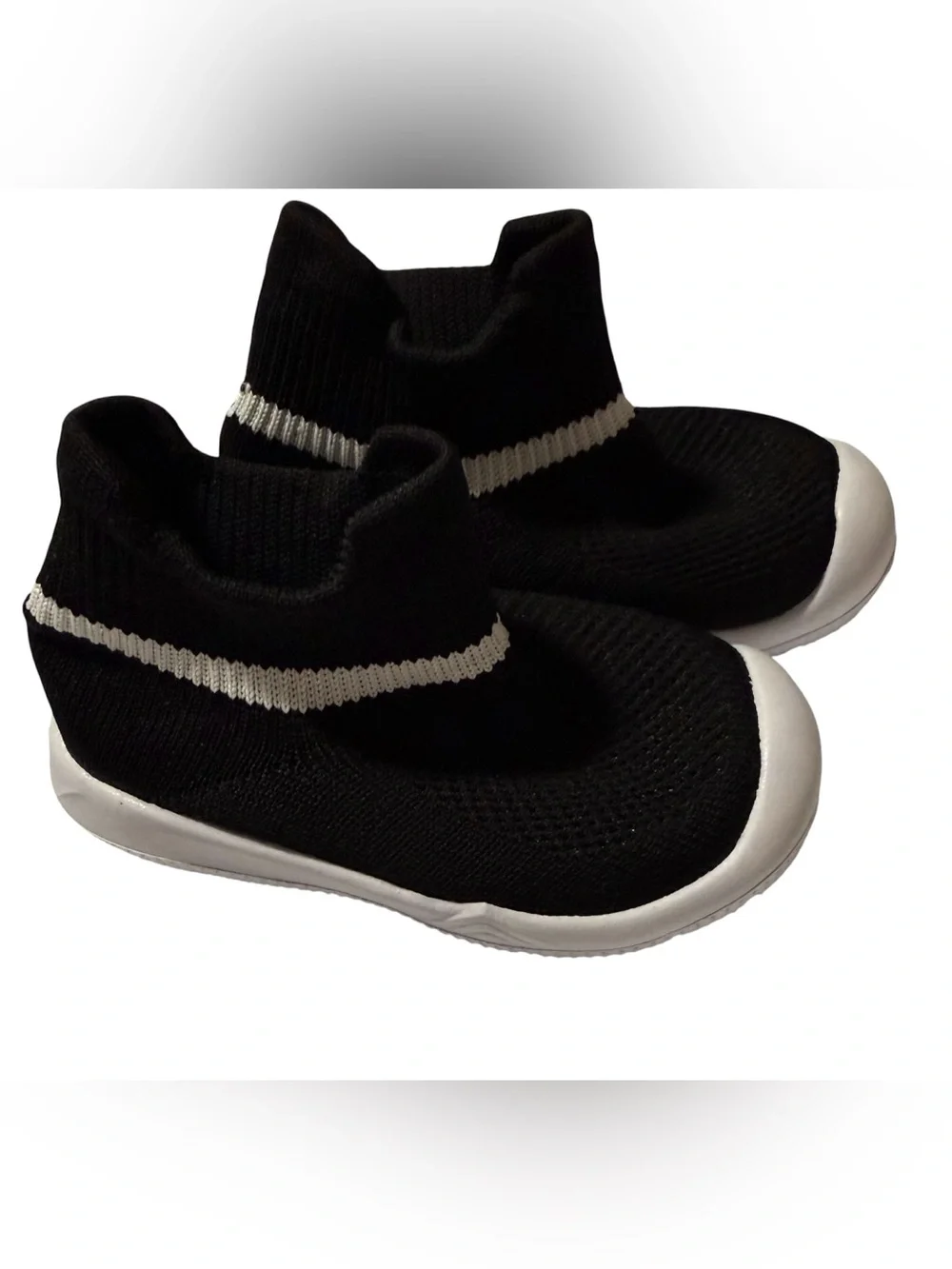 Toddler Sock Sneakers Black White Slip On Knit Walking Shoes Rubber Soles